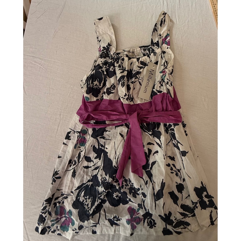 Millenium Floral Cotton Tank Top Purple Sash Tie Waist Black White Blouse Large